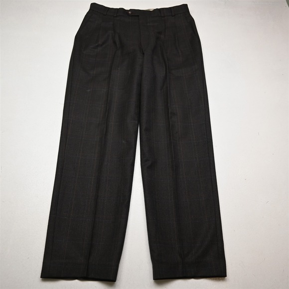 Vtg Y2K 2000s 33x32 Brown Glenn Check Plaid 100% Wool Pleated Full Cut Pants